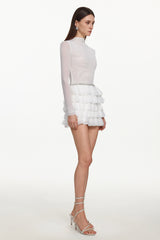 Kerta Classic Contour Crystal Ruffle Mesh White Mini Dress