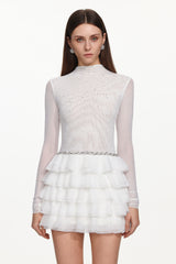Kerta Classic Contour Crystal Ruffle Mesh White Mini Dress