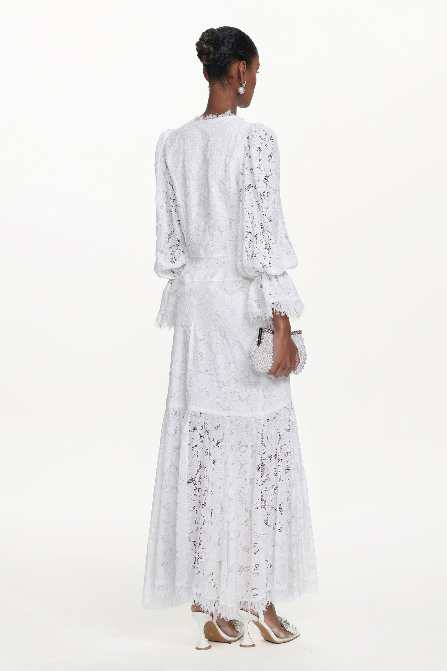 Tris Elegant Flowy Long Sleeve Pearl Buttoned Lace Top and Skirt Set