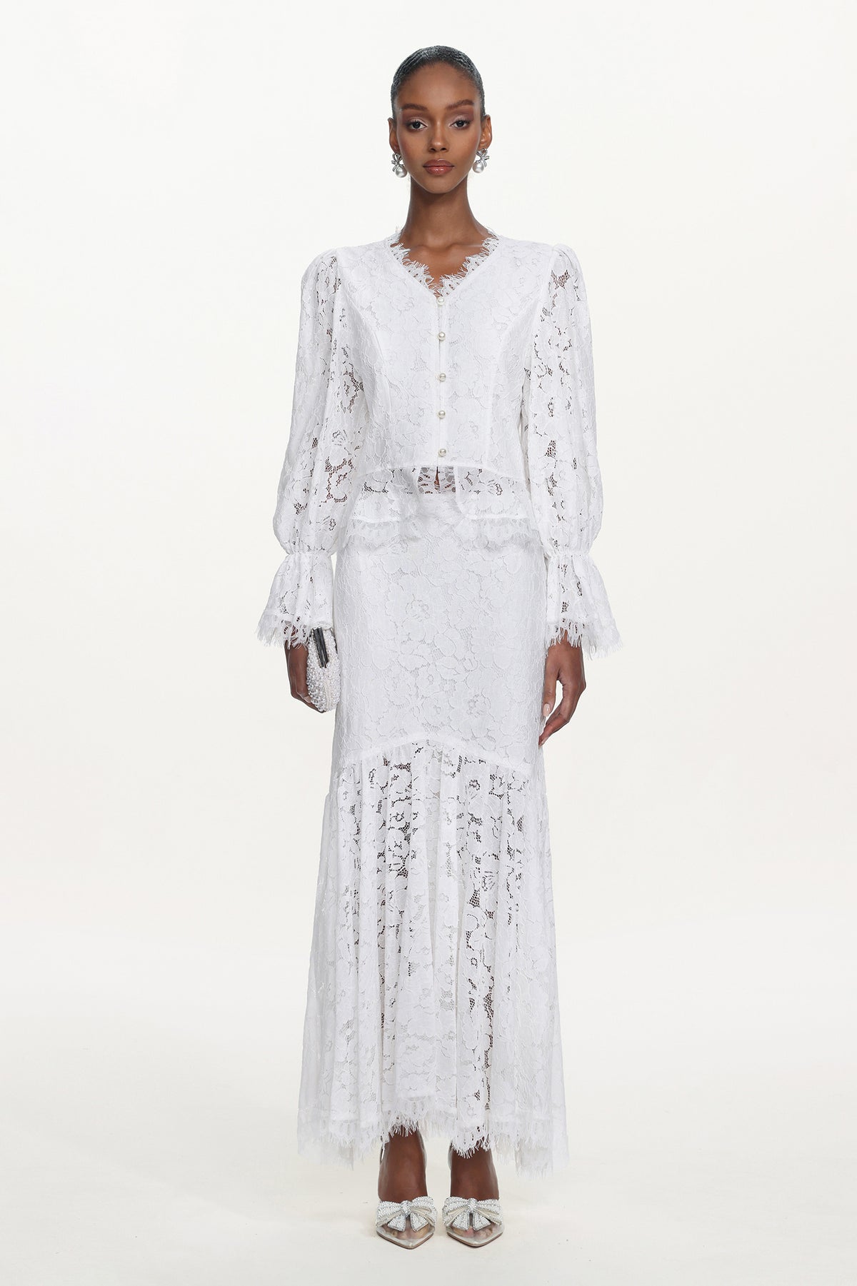Tris Elegant Flowy Long Sleeve Pearl Buttoned Lace Top and Skirt Set