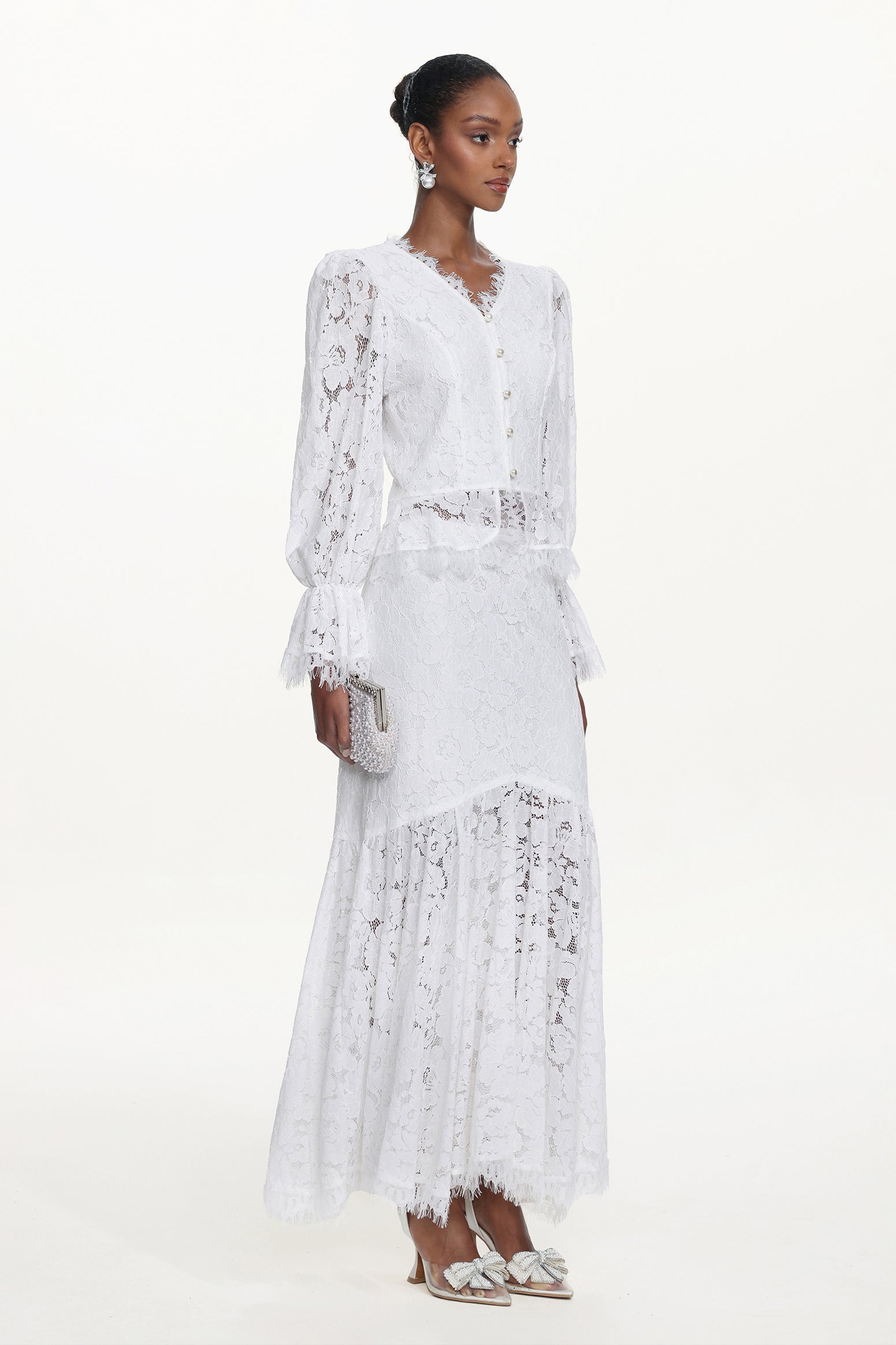 Tris Elegant Flowy Long Sleeve Pearl Buttoned Lace Top and Skirt Set