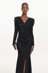 Rayna Chic Contour V Neck Long Sleeve Ruched Beaded Fringe Maxi Dress
