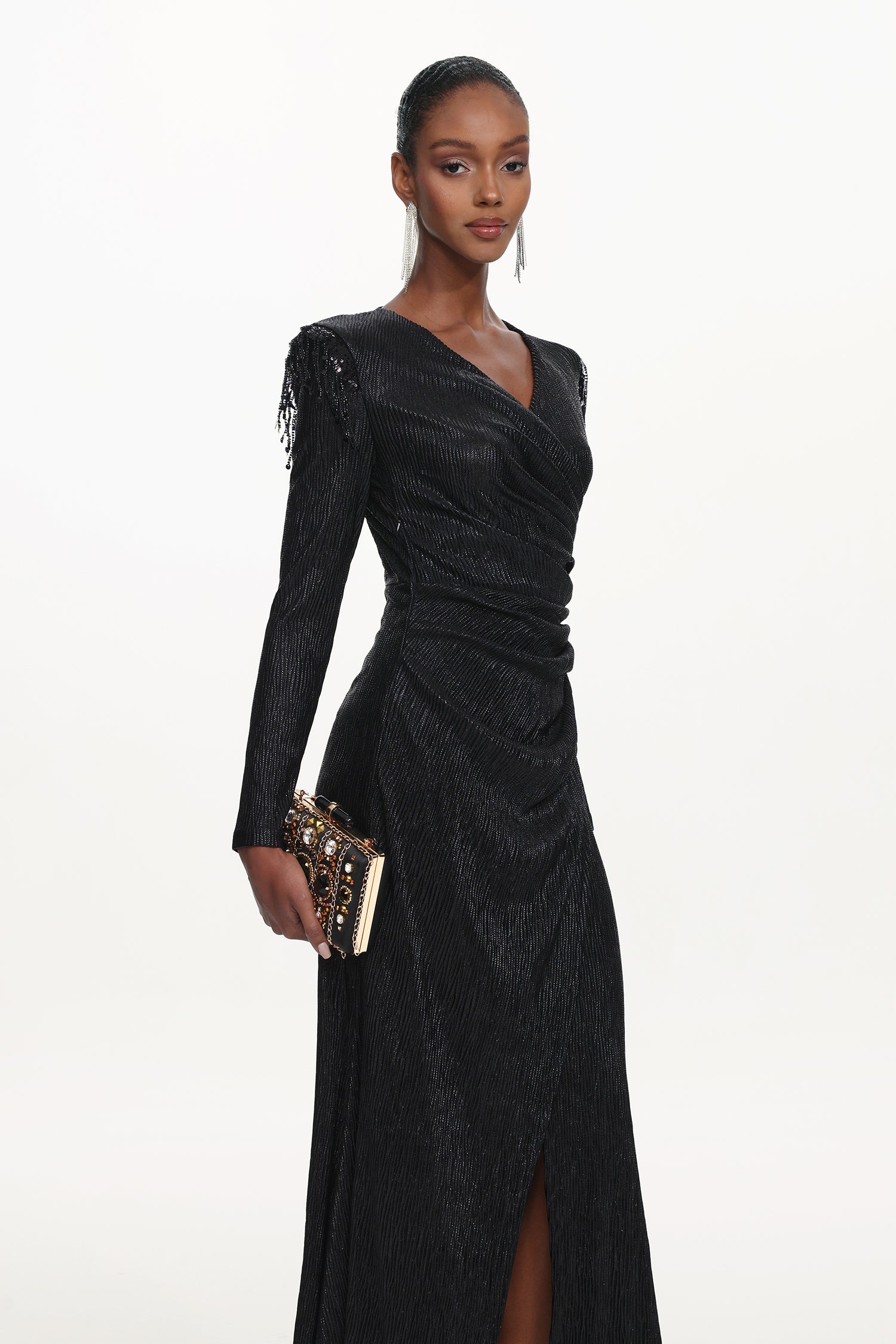 Rayna Chic Contour V Neck Long Sleeve Ruched Beaded Fringe Maxi Dress