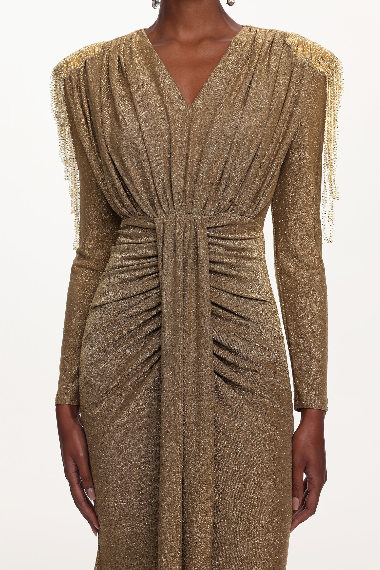 Suri Elegant Contour V Neck Long Sleeve Beaded Fringe Ruched Knit Maxi Dress