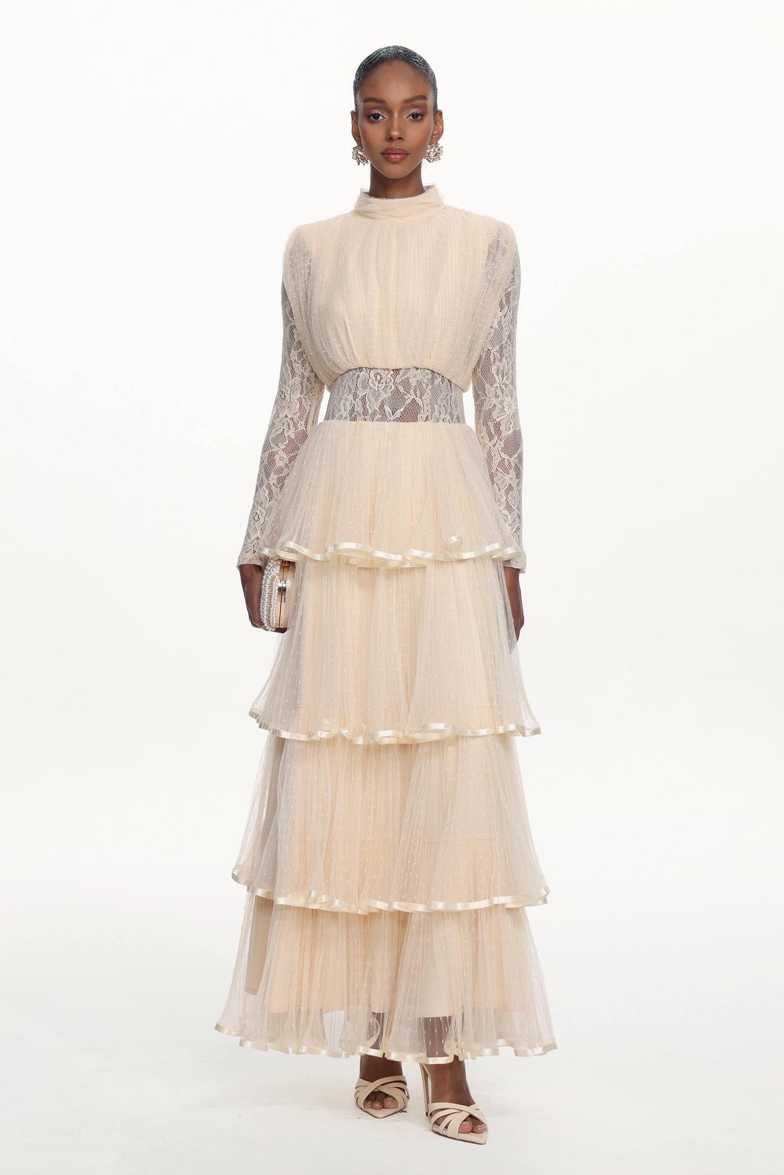 Yannei Romantic Flowy Long Sleeve Lace Tiered Tulle Maxi Dress