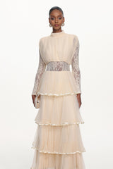 Yannei Romantic Flowy Long Sleeve Lace Tiered Tulle Maxi Dress