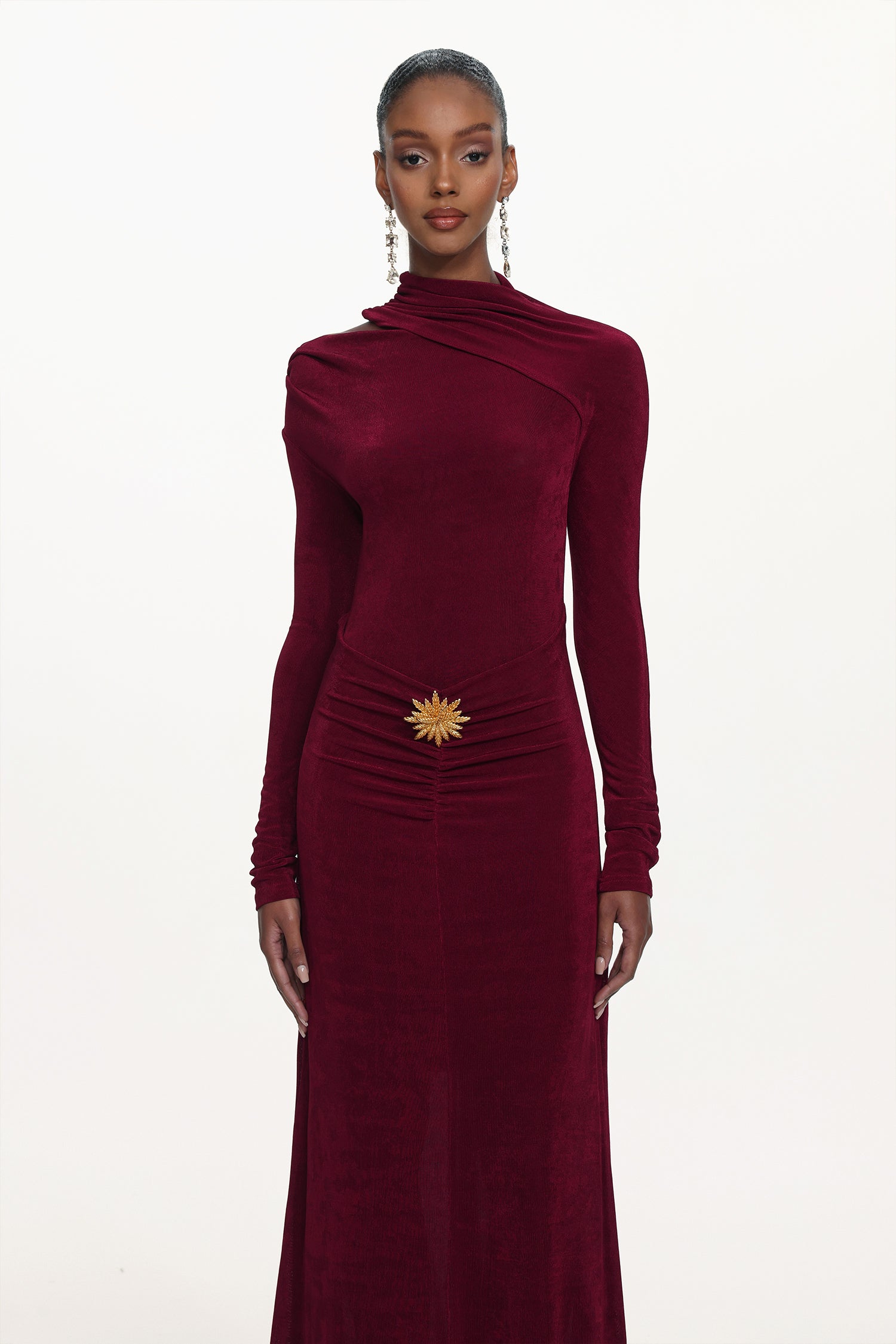 Faithe Romantic Contour Long Sleeve Ruched Knit Maxi Dress