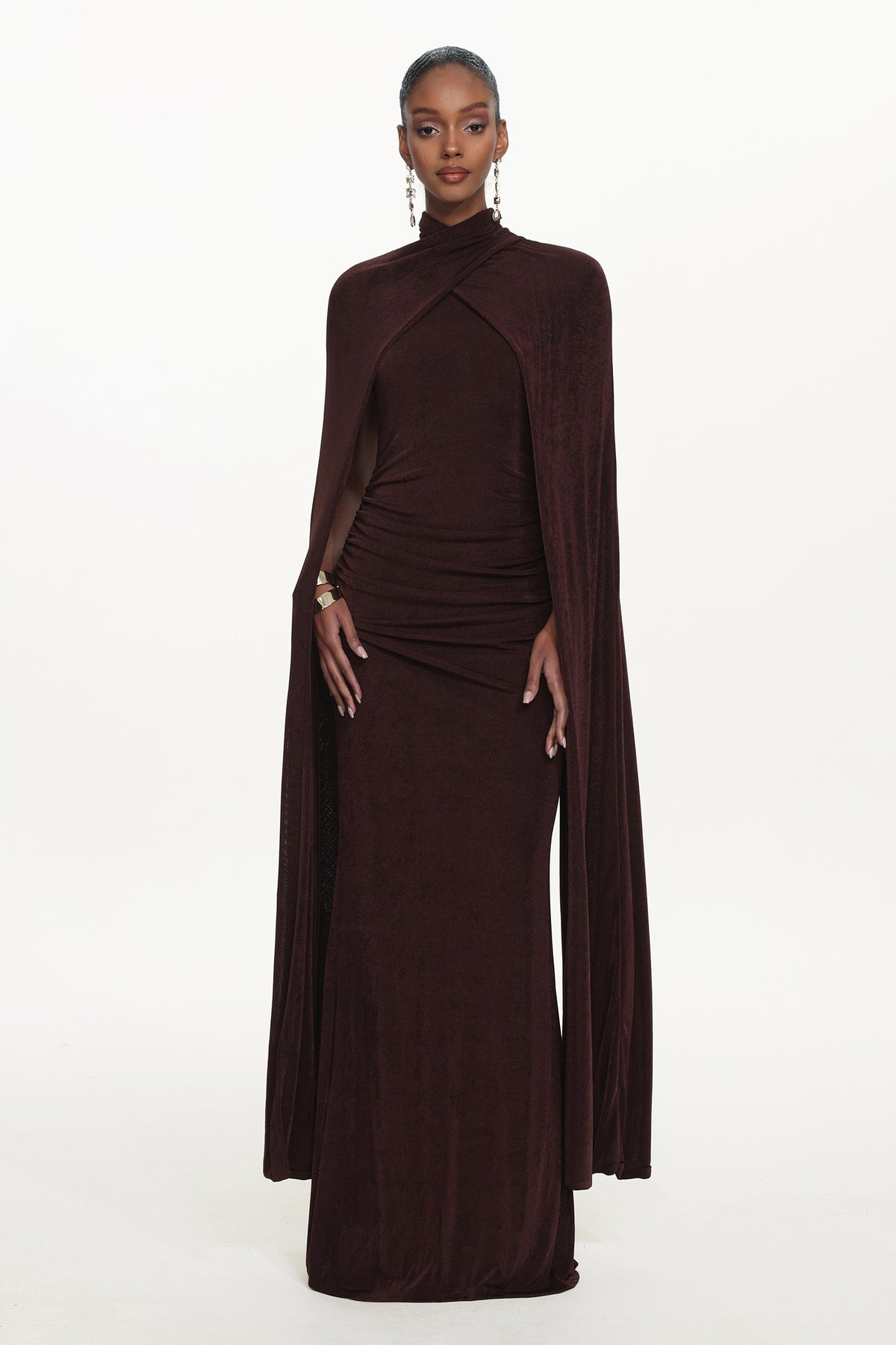 Makala Elegant Contour Drape Cape Ruched Knit Maxi Dress