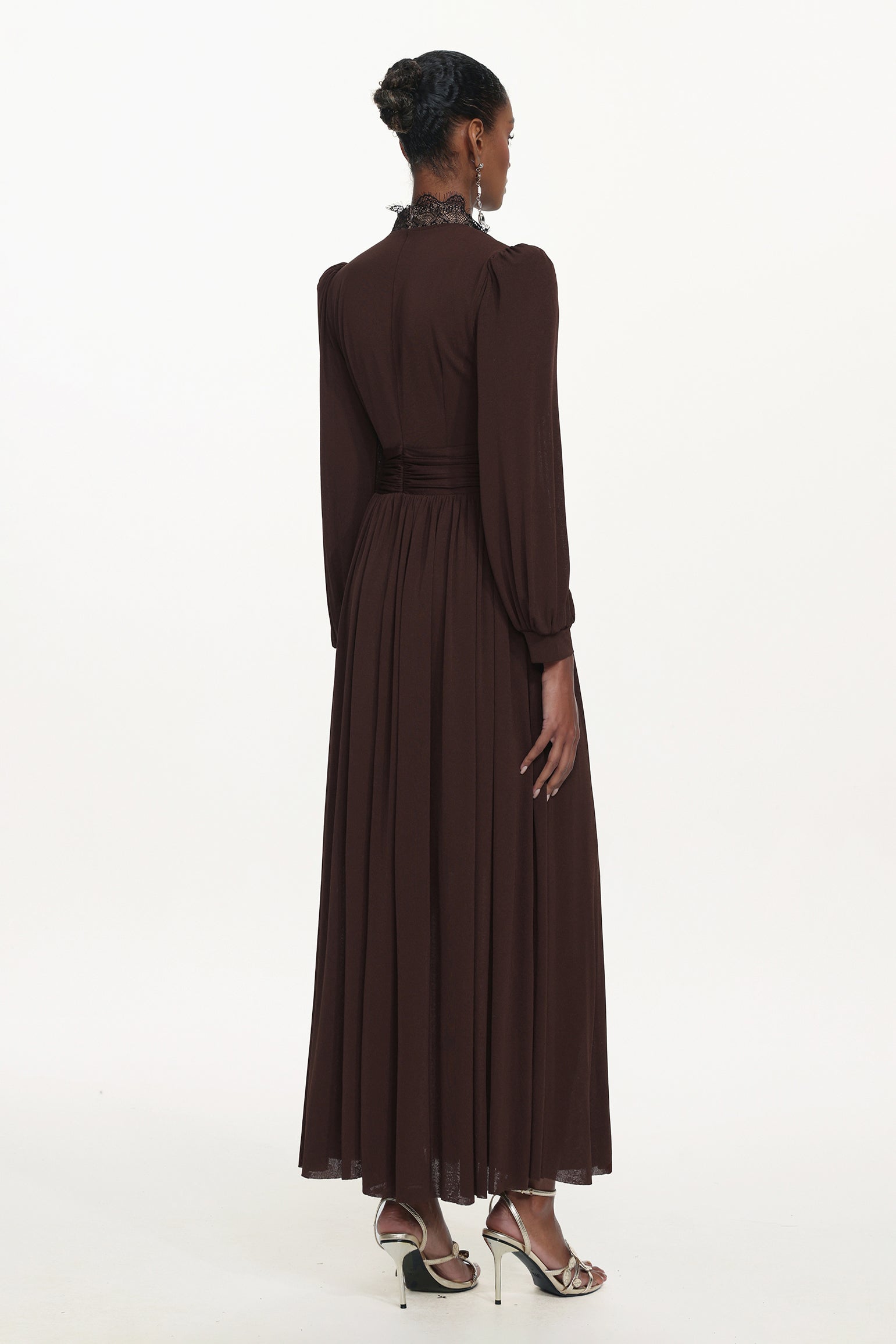 Rebecca Chic Contour Long Sleeve Ruched Lace Knit Maxi Dress