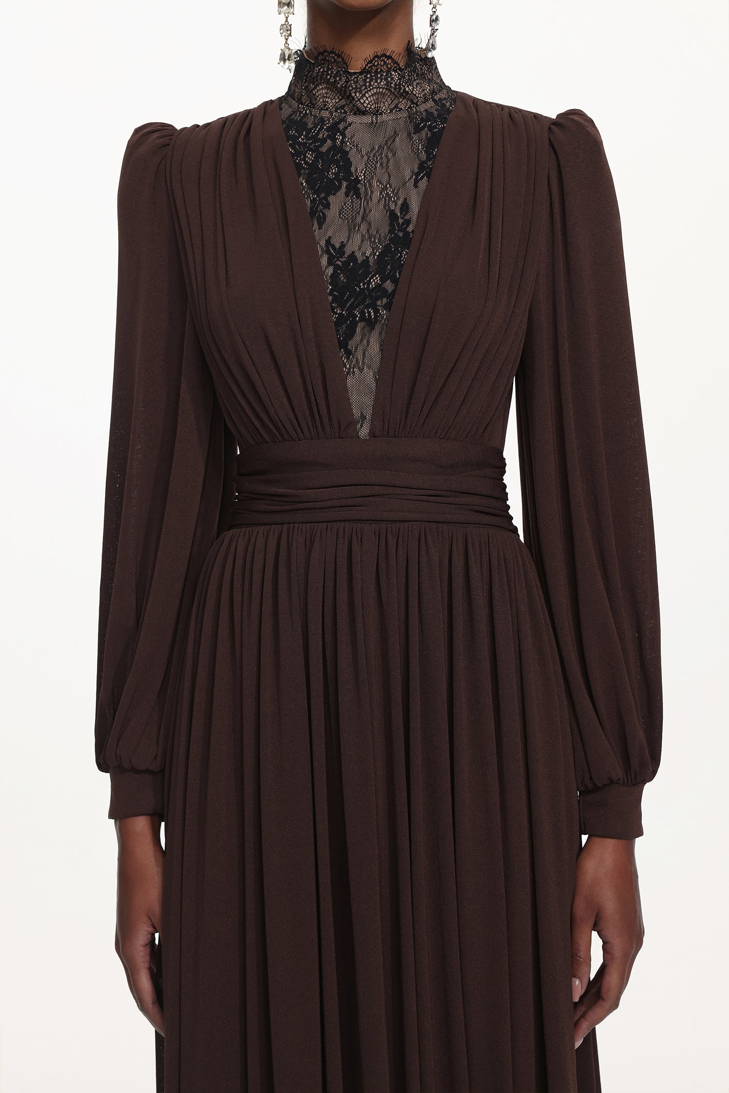 Rebecca Chic Contour Long Sleeve Ruched Lace Knit Maxi Dress