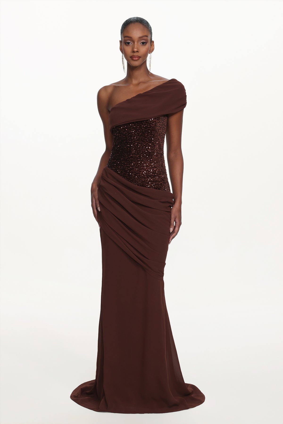 Naleza Chic Contour Off Shoulder Asymmetric Ruched Sequin Maxi Dress