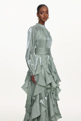 Grasa Elegant Flowy Long Sleeve Pleated Ruffle Maxi Dress