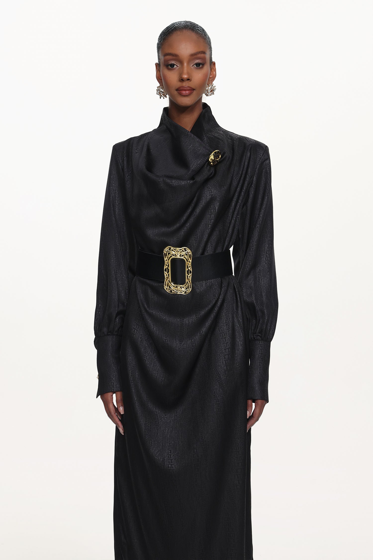 Indi Chic Contour Cowl Neck Long Sleeve Belted Maxi Dress