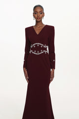 Romita Elegant Tailored V Neck Long Sleeve Pearl Maxi Dress