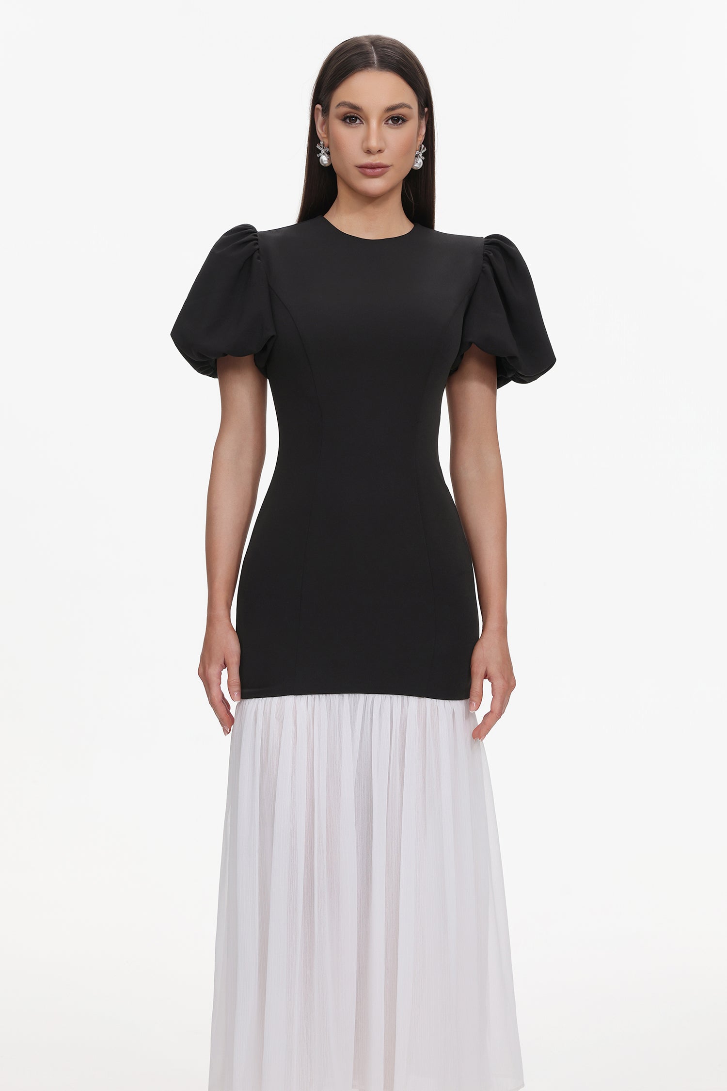 Spiral Classic Tailored Puff Sleeve Pleated Contrast Maxi Dress