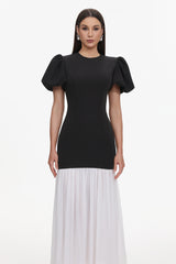 Spiral Classic Tailored Puff Sleeve Pleated Contrast Maxi Dress