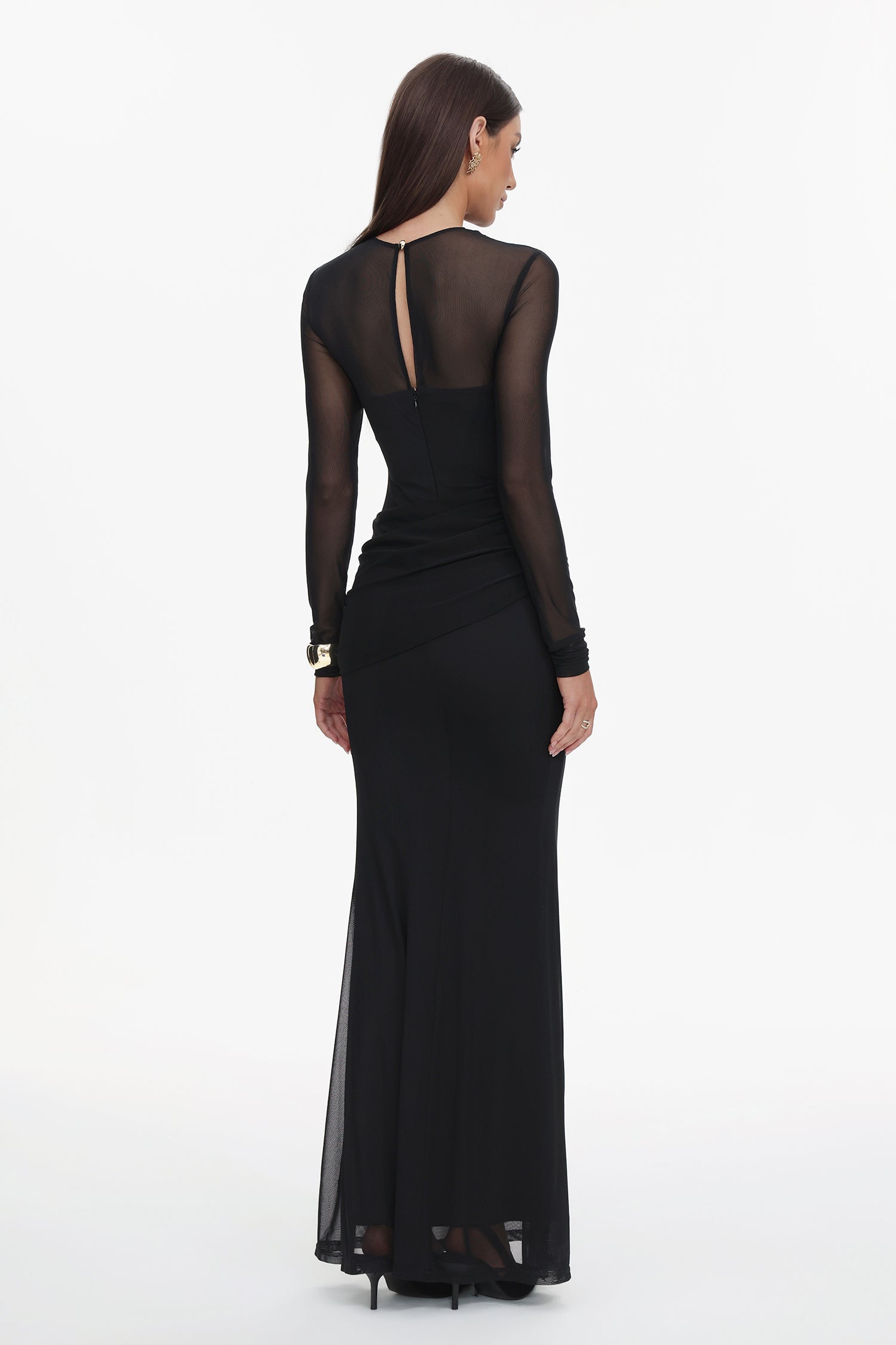 Tiaka Elegant Contour Long Sleeve Drape Mesh Knit Maxi Dress