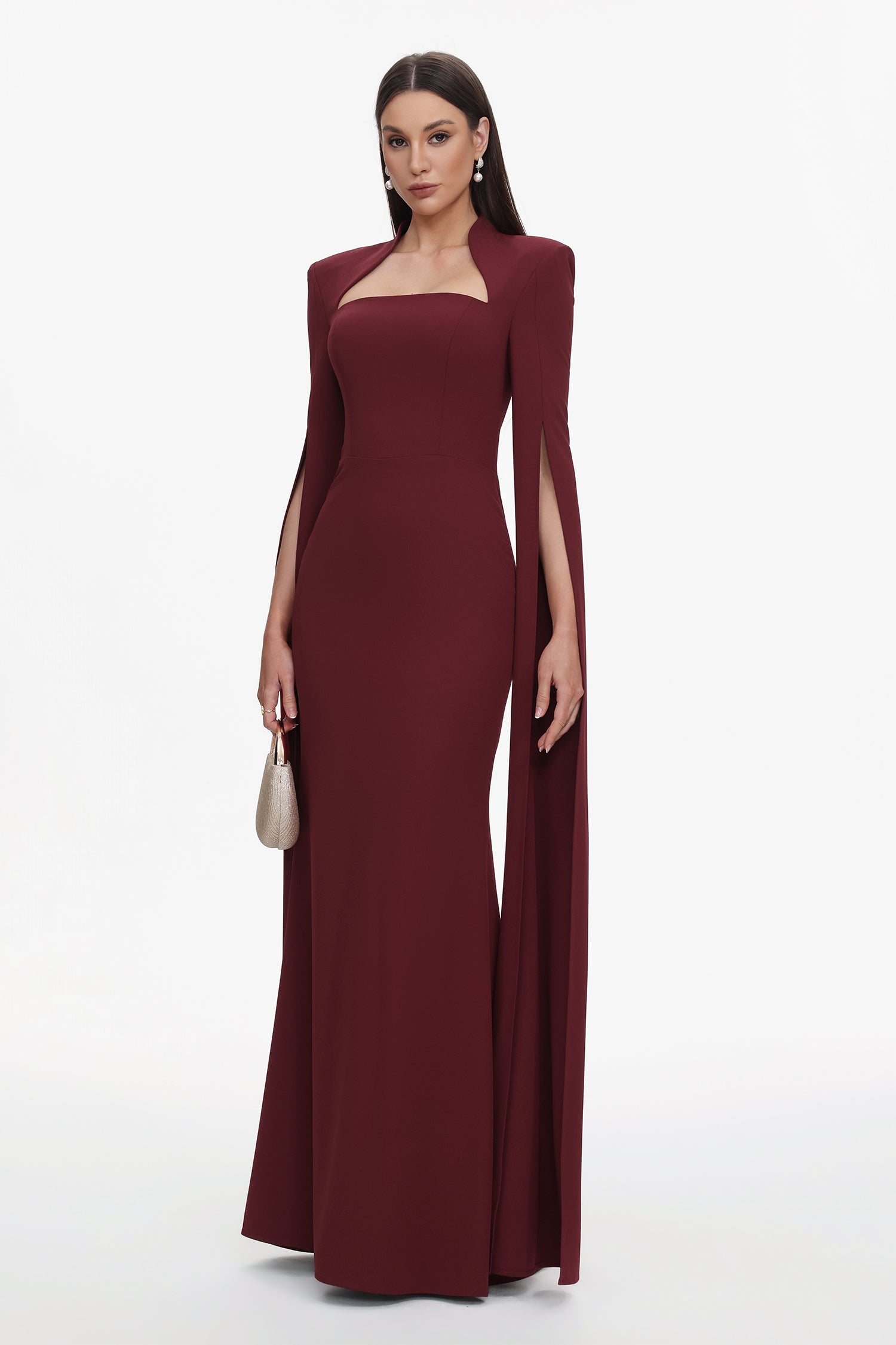 Werko Elegant Tailored Square Neck Cape Sleeve Woven Maxi Dress