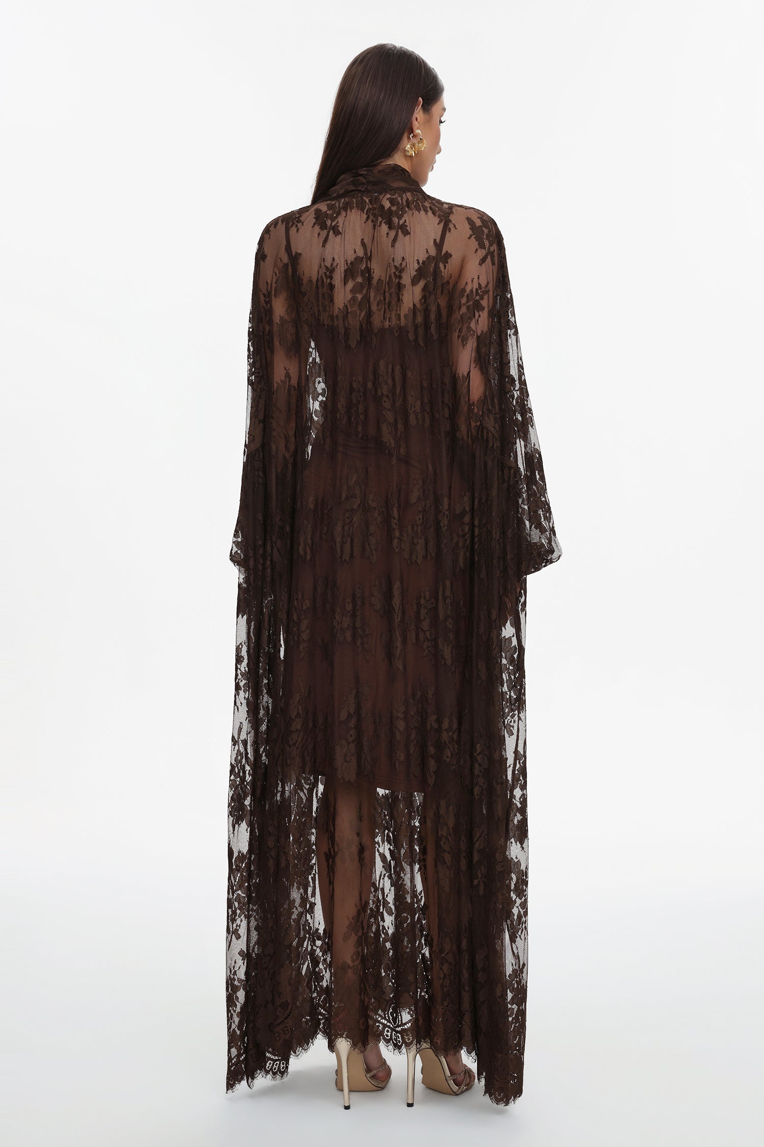 Deliyn Resort Flowy Long Sleeve Embroidered Mesh Lace Maxi Dress