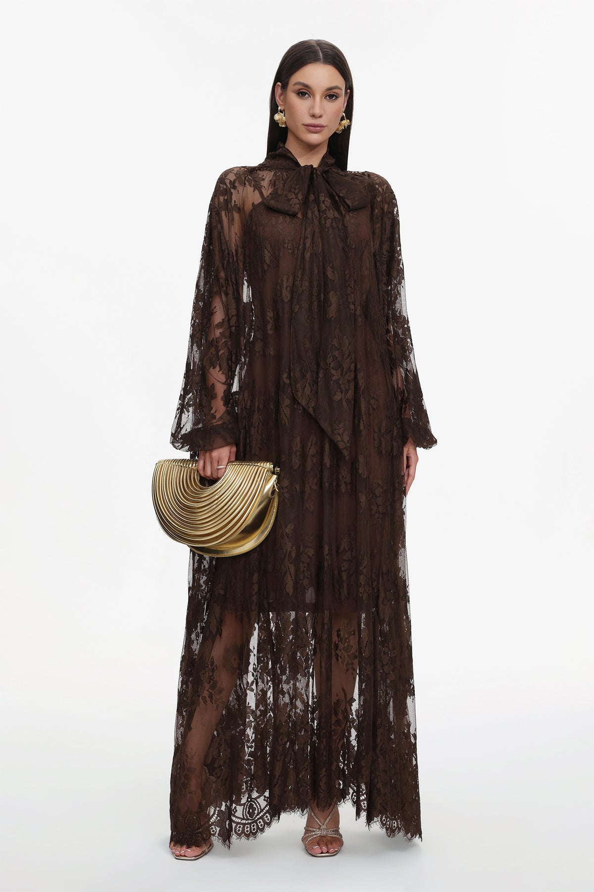 Deliyn Resort Flowy Long Sleeve Embroidered Mesh Lace Maxi Dress