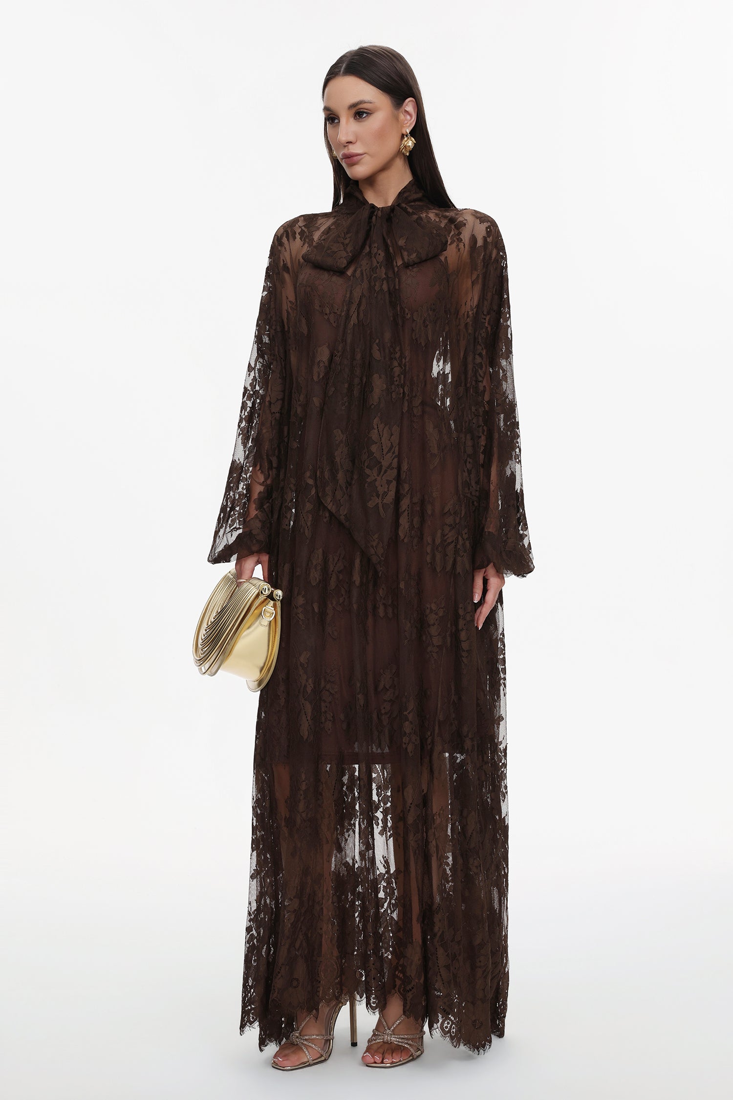 Deliyn Resort Flowy Long Sleeve Embroidered Mesh Lace Maxi Dress