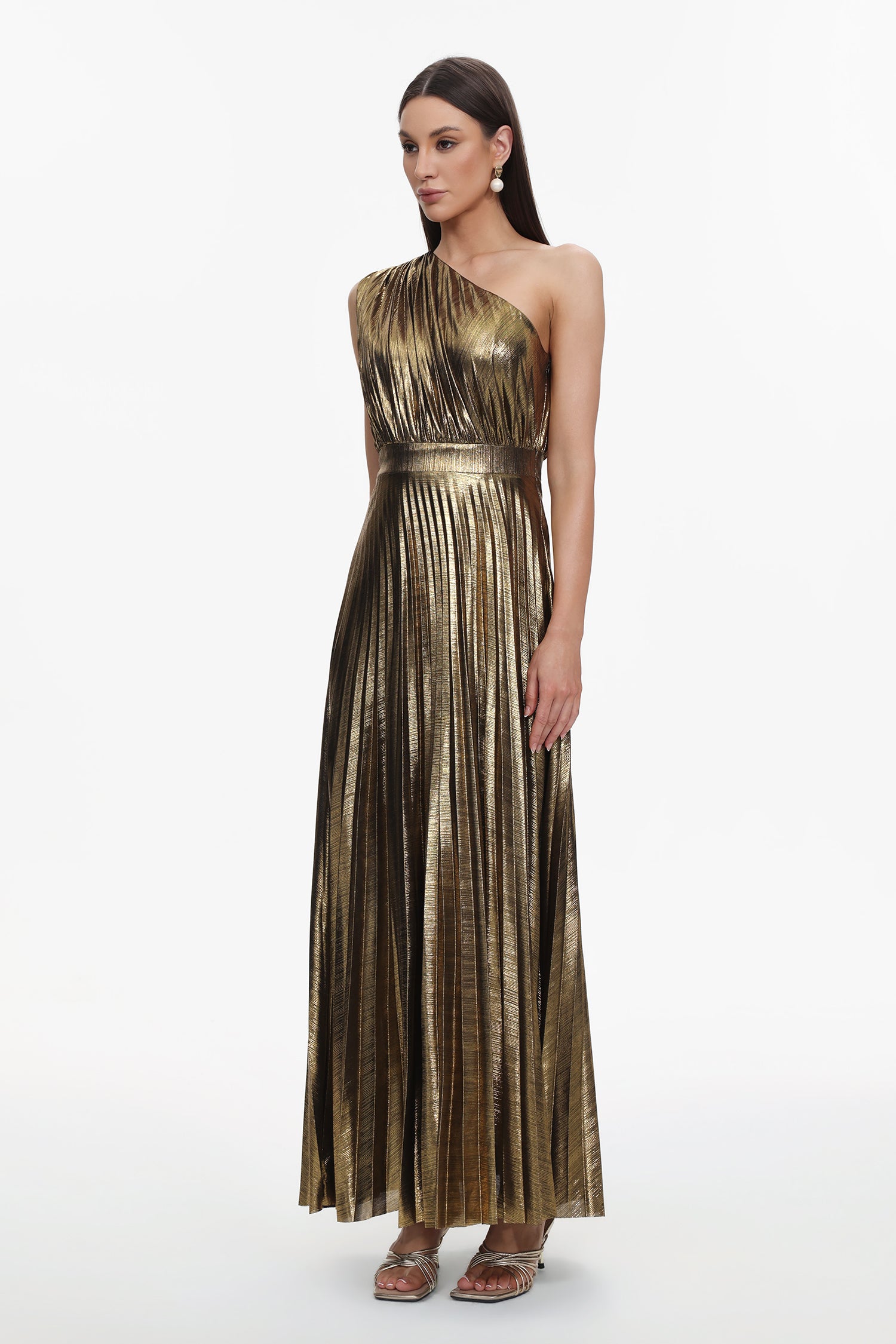 Yuni Glamorous Contour One Shoulder Pleated Metallic Maxi Dress