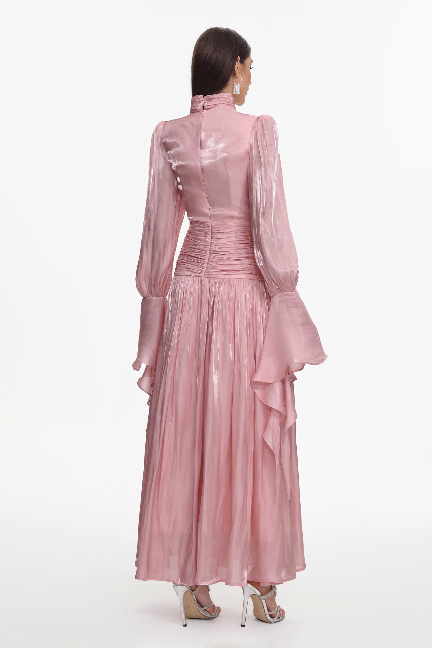 Viky Resort Waist-Defining Long Sleeve Ruched Woven Dark Pink Maxi Dress