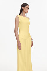 Paulina Oblique Shoulder Sleeveless Folds Yellow Midi Dress