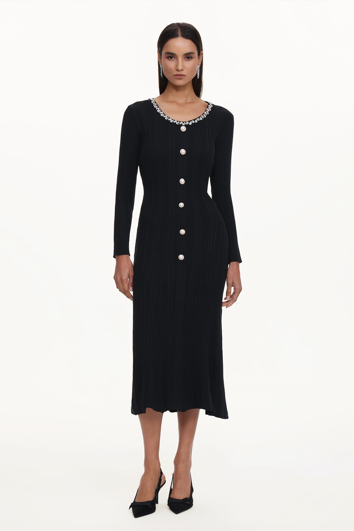 Ymmi Elegant Contour Long Sleeve Rhinestone Buttoned Knit Maxi Dress