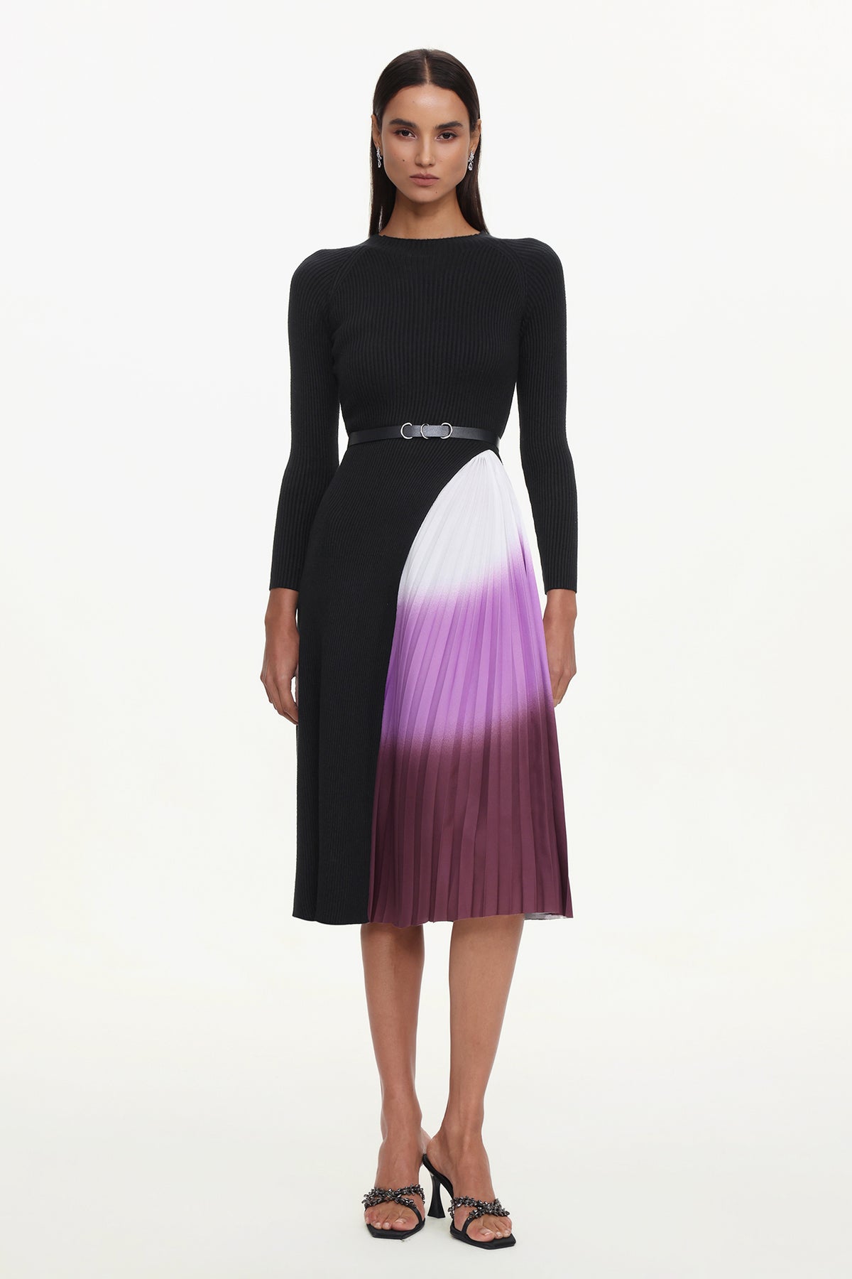 Viane Elegant Flowy Long Sleeve Pleated Abstratc Print Knit Mini Dress