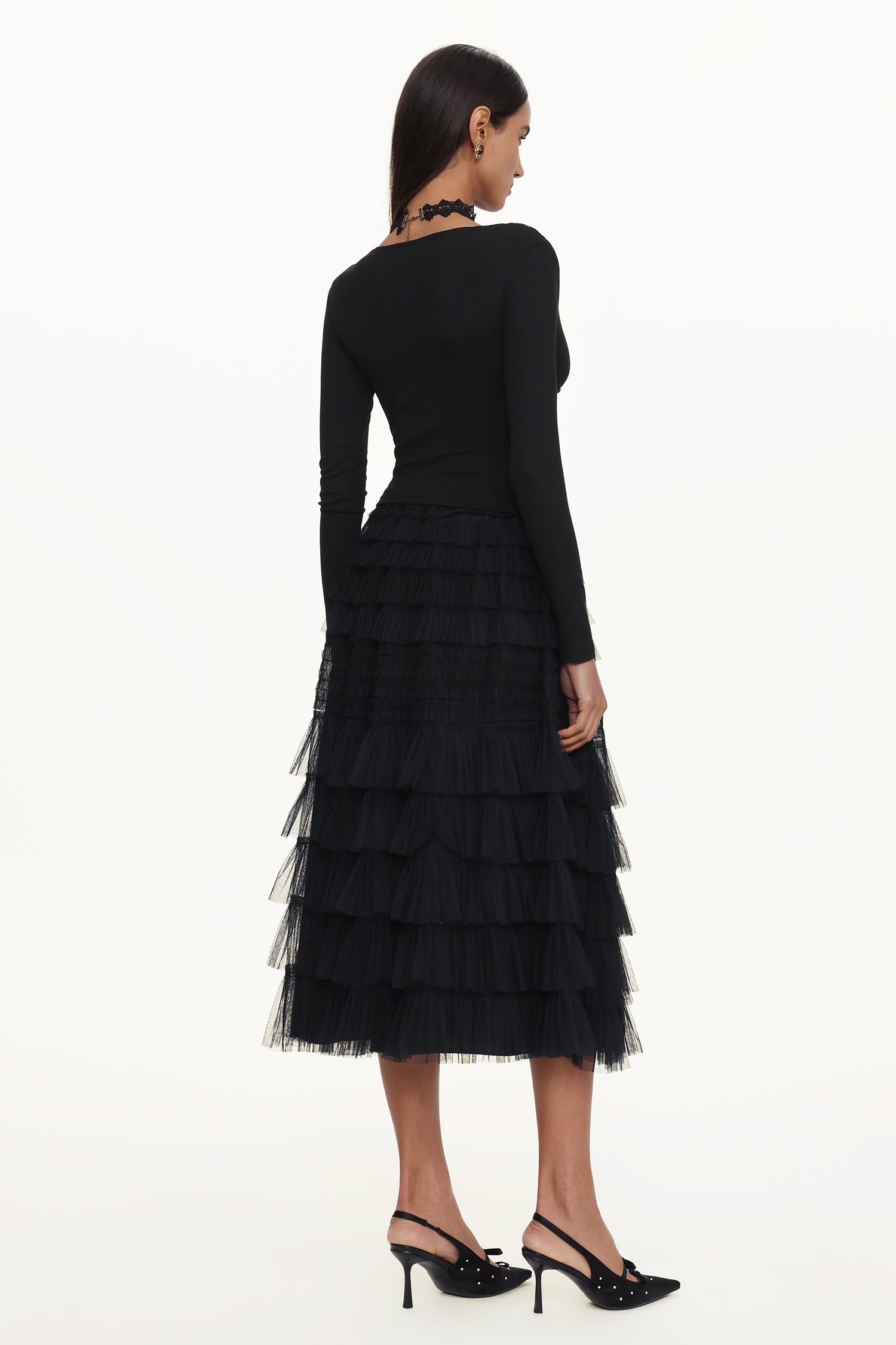 Tihila Romantic Contour V Neck Long Sleeve Buttoned Layered Lace Maxi Dress
