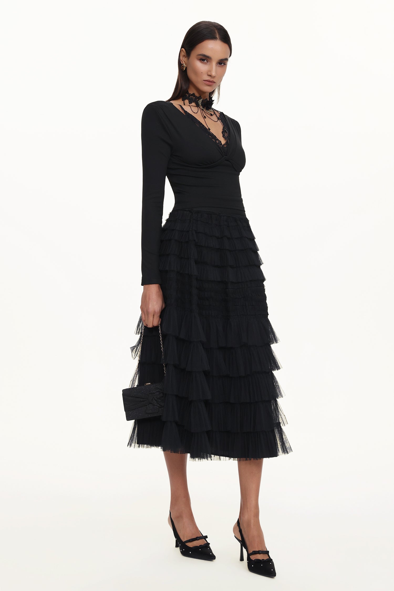 Tihila Romantic Contour V Neck Long Sleeve Buttoned Layered Lace Maxi Dress