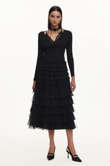 Tihila Romantic Contour V Neck Long Sleeve Buttoned Layered Lace Maxi Dress