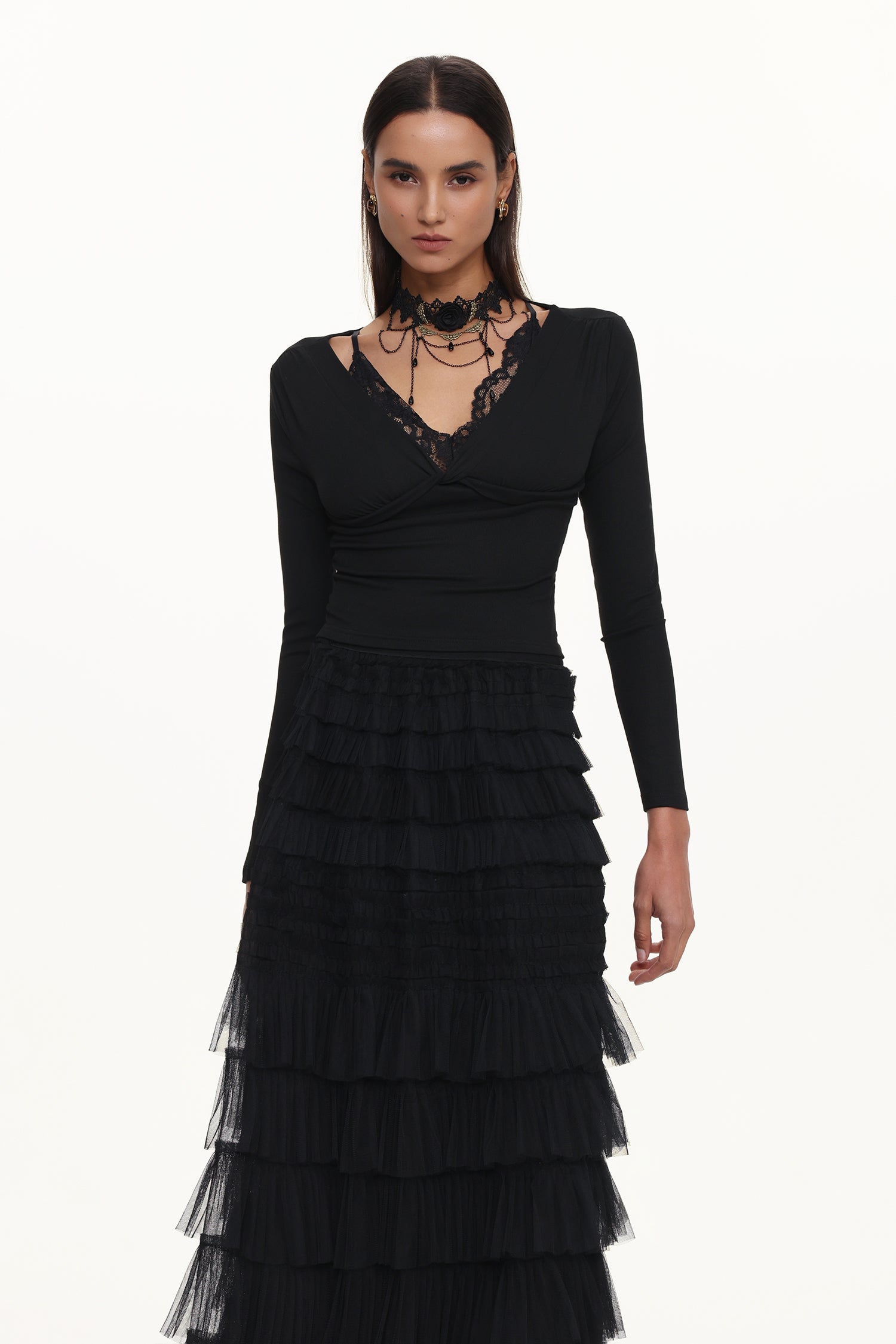 Tihila Romantic Contour V Neck Long Sleeve Buttoned Layered Lace Maxi Dress