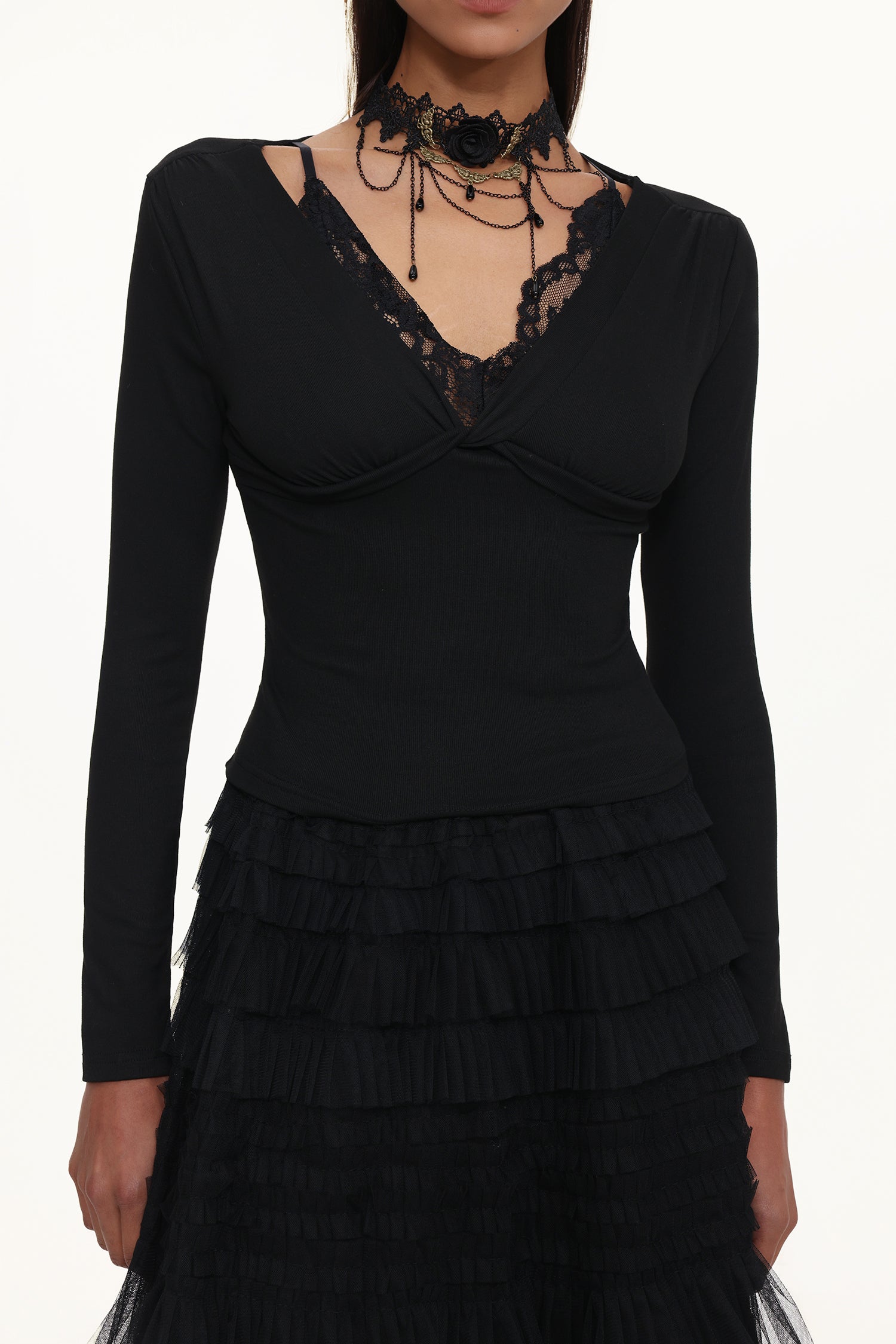 Tihila Romantic Contour V Neck Long Sleeve Buttoned Layered Lace Maxi Dress