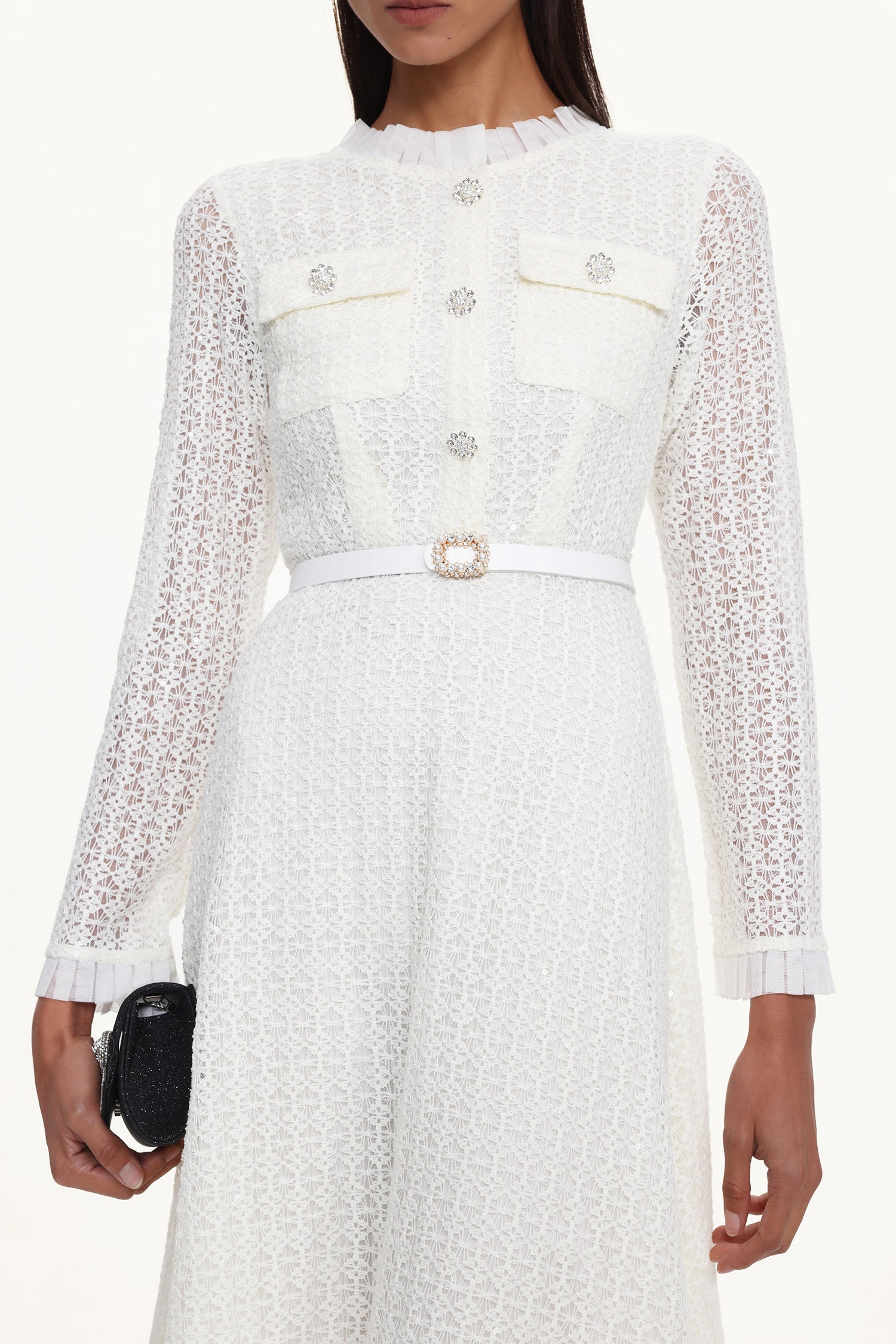 Deme Elegant Flowy Long Sleeve Rhinestone Woven Maxi Dress