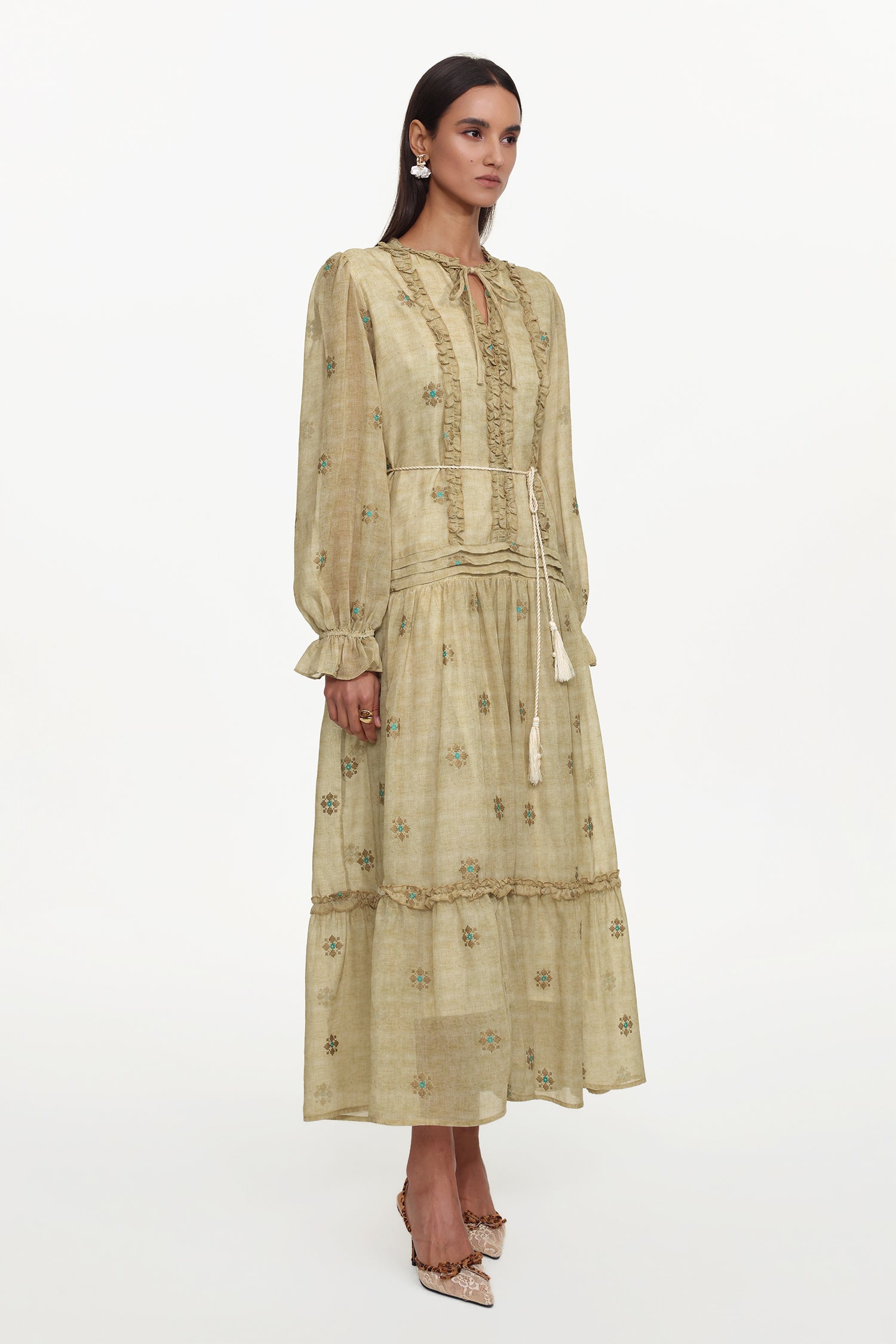 Dierea Resort Flowy Long Sleeve Floral Print Ruffle Woven Maxi Dress