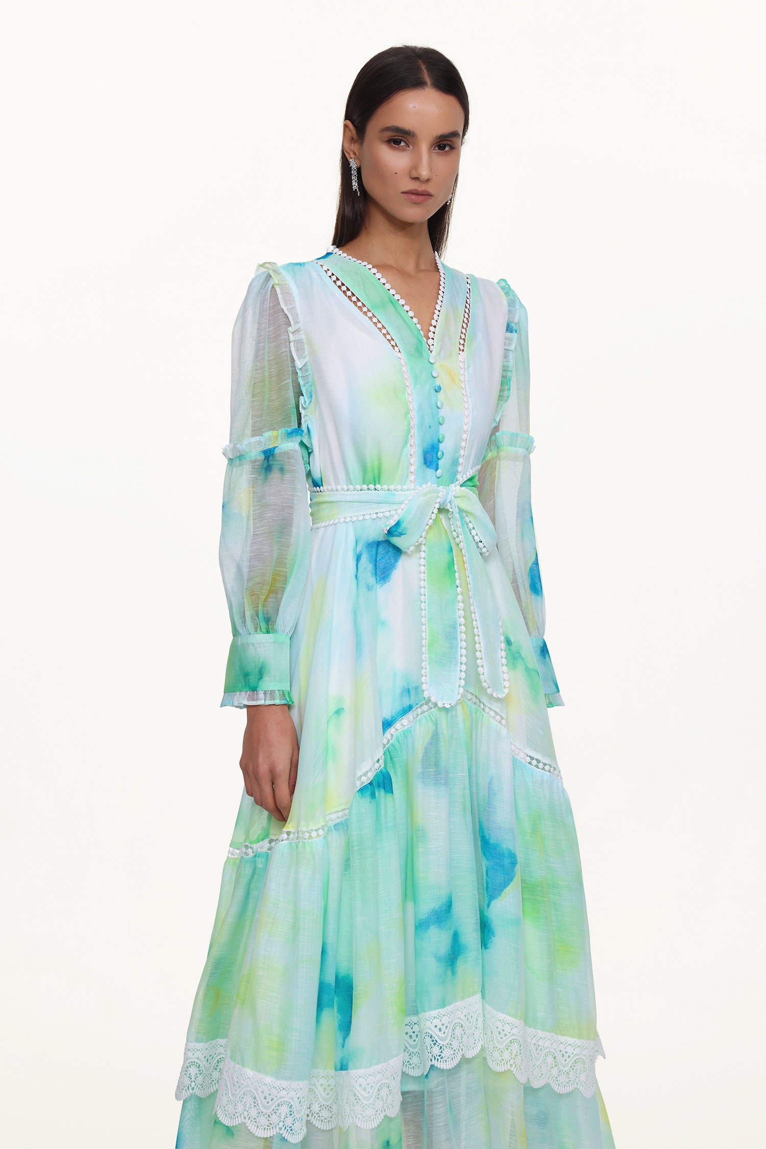 Natalya Resort Flowy Long Sleeve Lace Abstract Print Ruffle Woven Green Maxi Dress