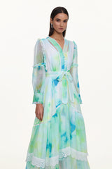 Natalya Resort Flowy Long Sleeve Lace Abstract Print Ruffle Woven Green Maxi Dress