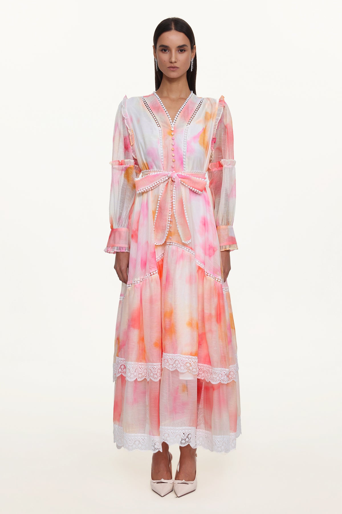 Natalya Resort Flowy Long Sleeve Lace Abstract Print Ruffle Woven Orange Maxi Dress