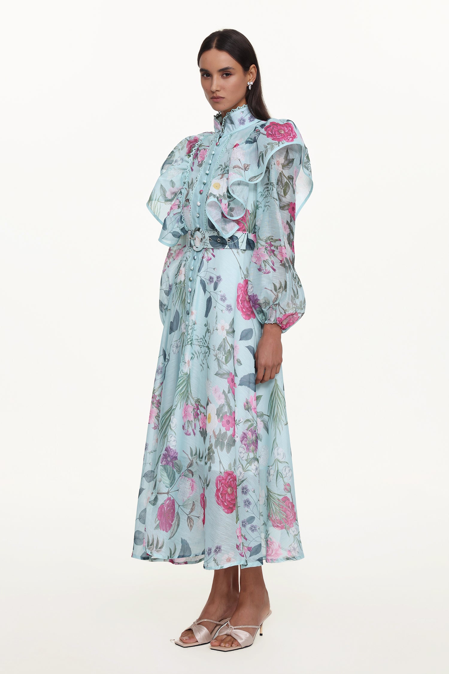 Emberson Resort Flowy Long Sleeve Floral Print Ruffle Woven Maxi Dress