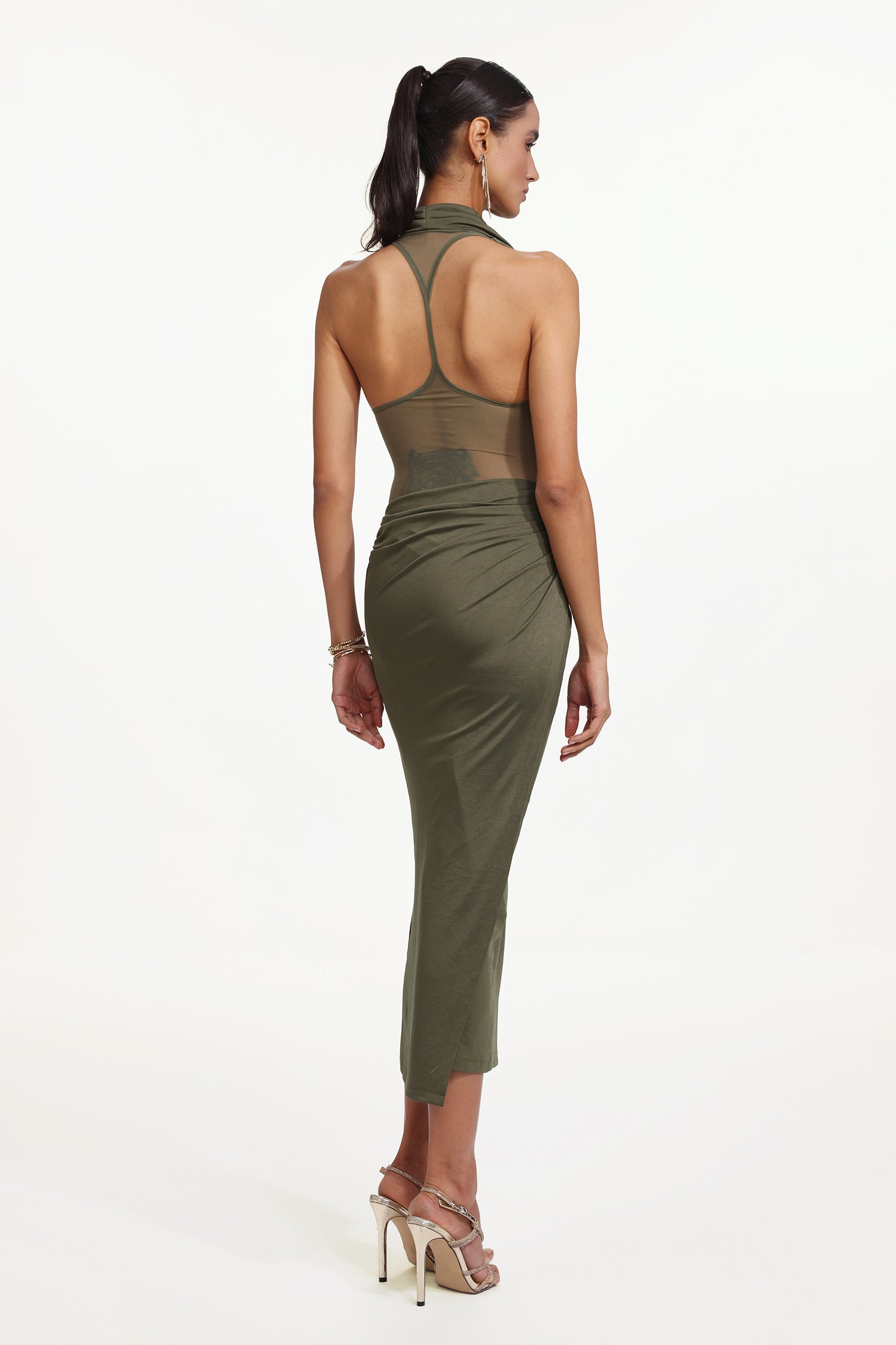 Klaria Chic Contour Cowl Neck Sleeveless Ruched Knit Maxi Dress