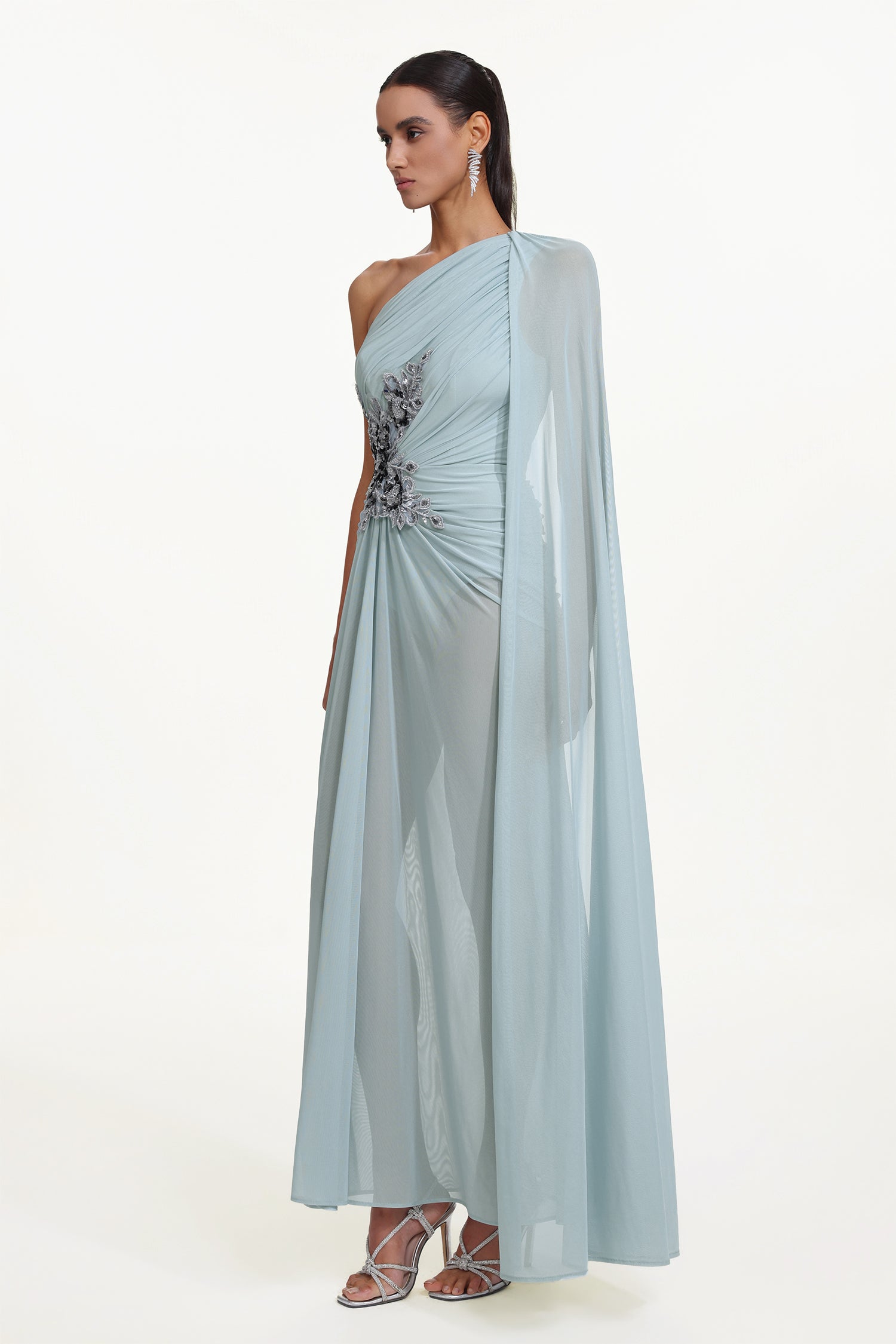 Kaylee Elegant Flowy One Shoulder Sequin Embroidered Ruched Mesh Maxi Dress