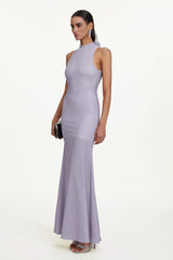 Teela Elegant Contour Halter Sleeveless Shimmering Knit Maxi Dress