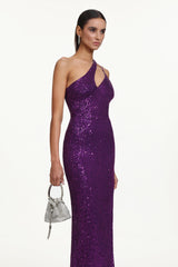 Julieta Glamorous Contour Sleeveless Asymmetric Sequin Maxi Dress