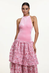 Gunnhild Romantic Contour Halter Floral Velvet Maxi Dress
