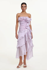 Jellay Romantic Flowy Strapless Asymmetric Ruffle High Slit Maxi Dress