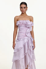 Jellay Romantic Flowy Strapless Asymmetric Ruffle High Slit Maxi Dress