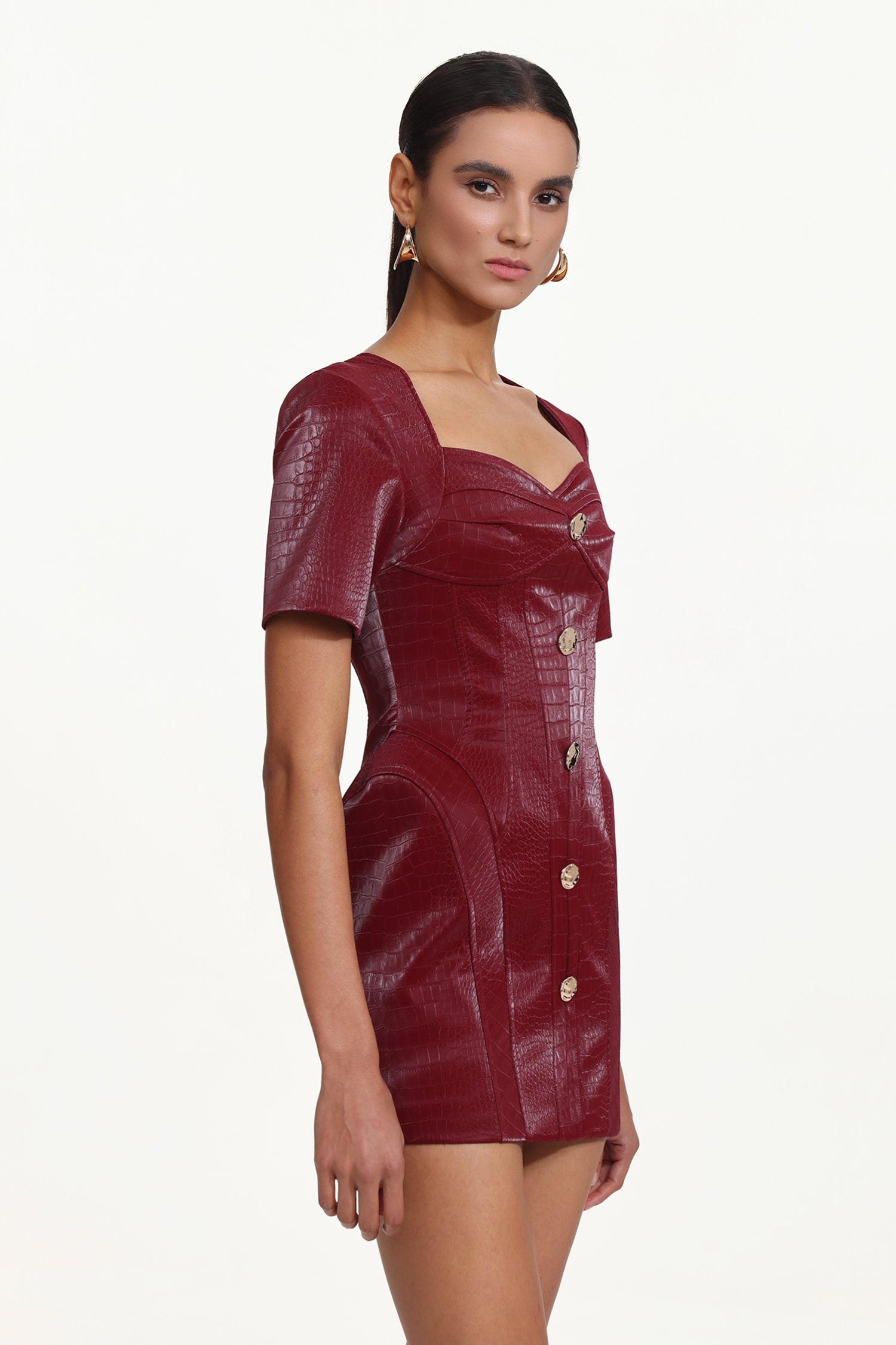 Reggie Romantic Tailored Square Neck Buttoned Faux Leather Mini Dress
