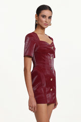 Reggie Romantic Tailored Square Neck Buttoned Faux Leather Mini Dress